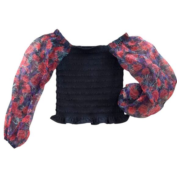 Calligraphie Sheer Floral Puff Sleeve Smocked Top S - Picture 1 of 10